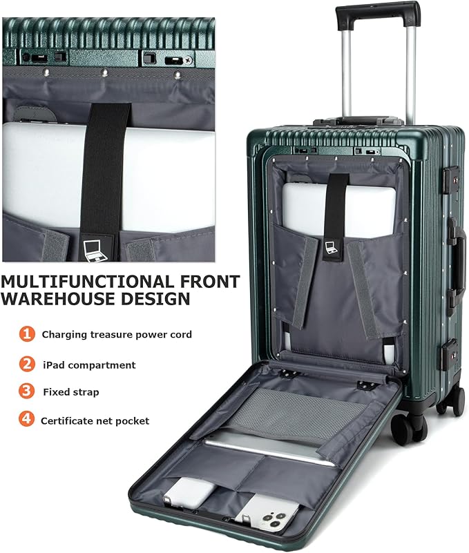 feilario 24in Aluminium Frame PC Hard Shell Spinner Wheels Luggage, Built-In TSA lock Carry on Suitcase, with Cup Holder, USB Port, Phone Holder