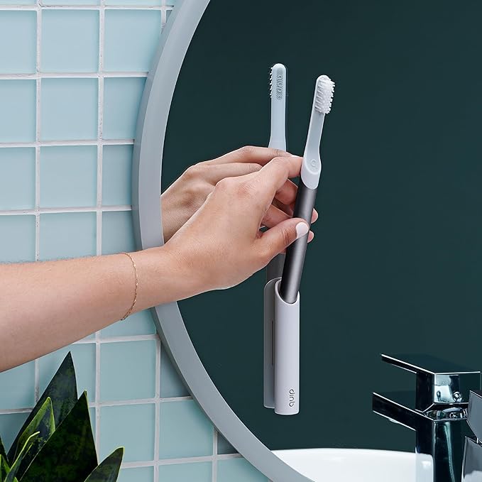 Quip Sonic Toothbrush for Adults with Timer - Includes Extra Brush Head and Travel Cover Mount - Electric, Soft Bristle Refill Head, Metal Handle, 3 Month Battery Life - Travel Toothbrush - Slate