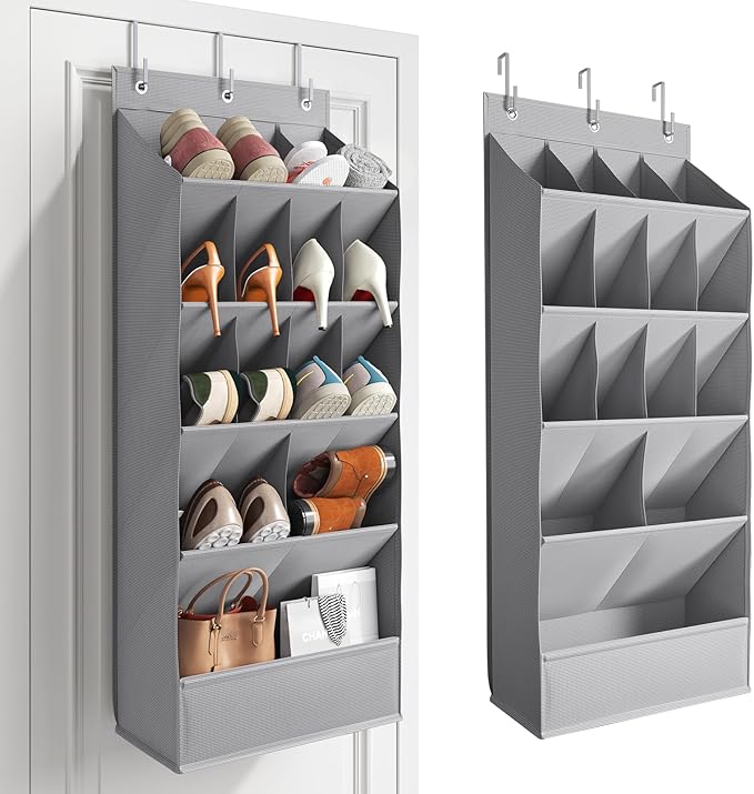 Over the Door Shoe Organizer for Closet, Shoes Rack for Closet with 15 Large Pockets, Hanging Shoe Organizers for Boot Storage, Behind the Door Narrow Shoe Holder for Small Shoes, Grey