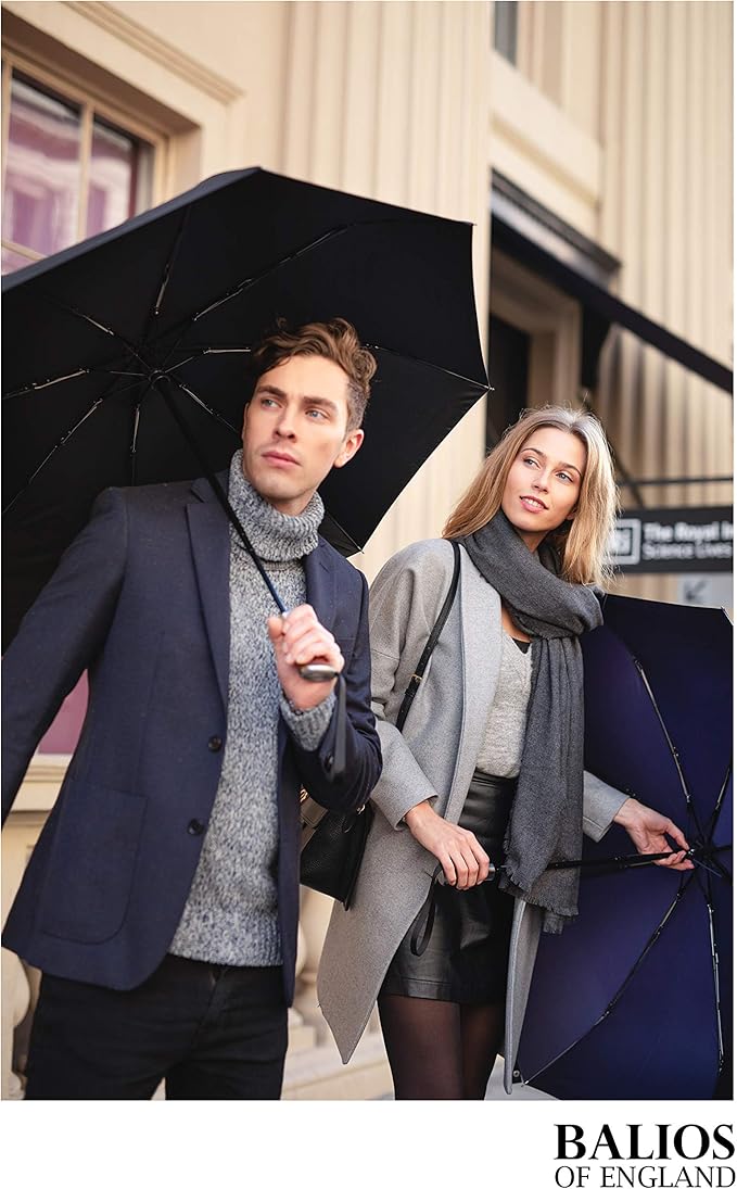 Balios (Designed in UK) Travel Umbrella Luxurious Golden Hardwood Handle Auto Open & Close Windproof Frame Single Canopy Automatic Folding Umbrella Men's & Ladies