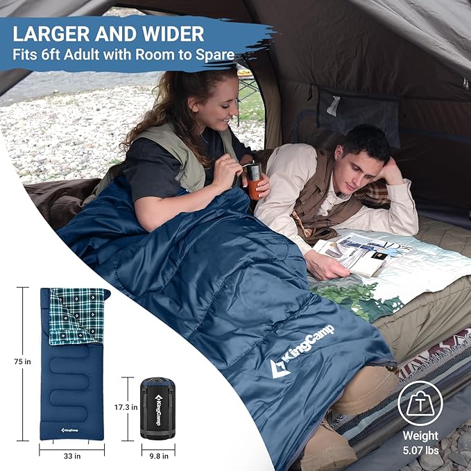 KingCamp Sleeping Bag for Adults, Cold Weather & Warm XL Big and Tall Flannel Sleeping Bags with Compression Sack Portable Waterproof Essentials Gear Accessories for Outdoor Camping
