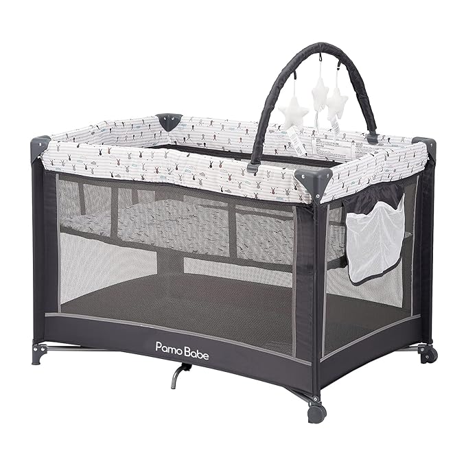 Pamo Babe Portable Playard,Sturdy Play Yard with Padded Mat and Toy bar with Soft Toys