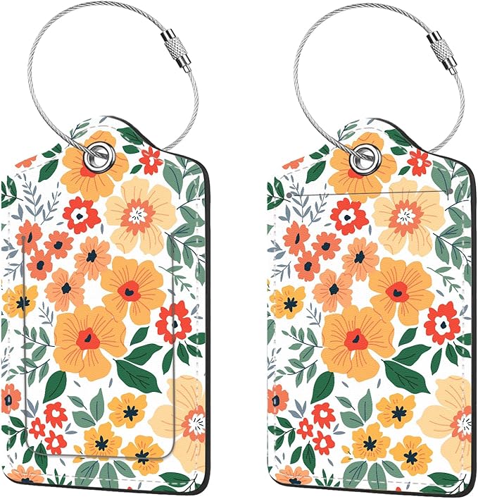 2 Pcs Luggage Tags for Suitcase, Cute Unique PU Leather Travel Bag Tag with Privacy Cover ID Label Address Card and Durable Metal Ring Suitable for Men Women Children Backpack,Yellow Flower