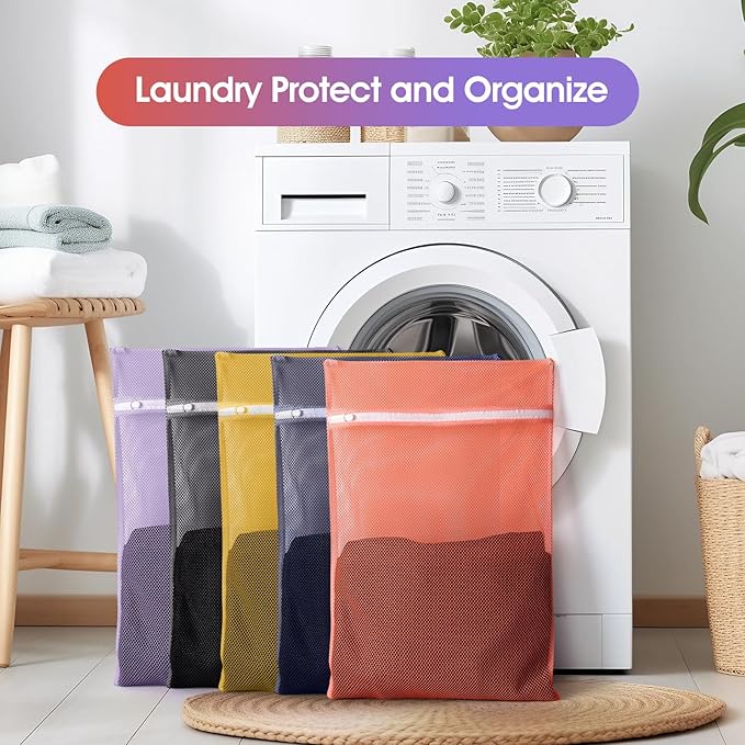 5Pcs Sturdy Mesh Laundry Bags for Delicates, Lingerie, Bras, Travel and Organzie - 5 Color(14x20 Inch)