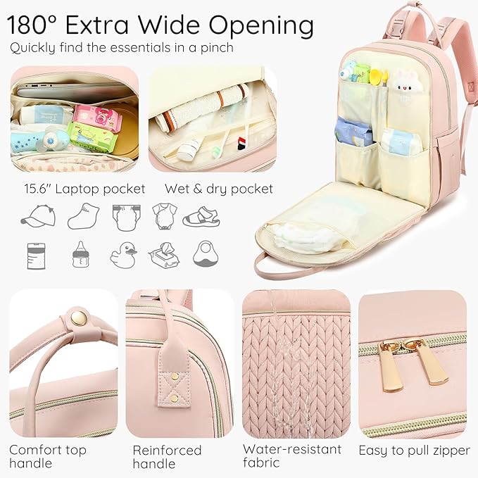 Diaper Bag Backpack - Large Multi functional, Boys, Girls & Baby Travel Essentials Tote with Changing Pad, Insulated Pockets, Stroller Straps, Waterproof - Baby Backpack for Mom & Maternity (Pink)