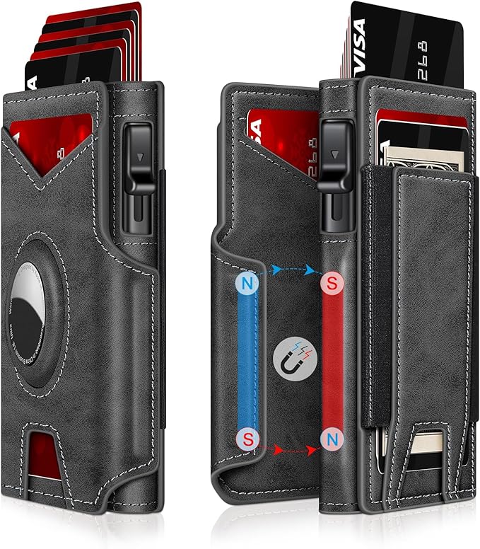 Airtag Wallet for Men, Minimalist Slim Mens Wallet Smart Pop Up Credit Card Holder for 9-13 Cards, RFID Blocking Wallet with ID Window & Cash Slot, Compact Bifold Metal Aluminum Card Case