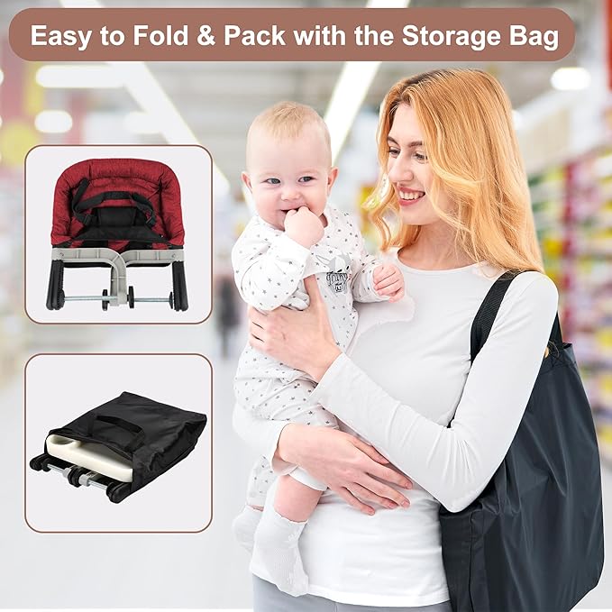 Hook-On High Chair with Removable Dining Tray, Folding Portable Clip-On Table, Baby Chair with Storage Bag for Indoor/Outdoor (Red)