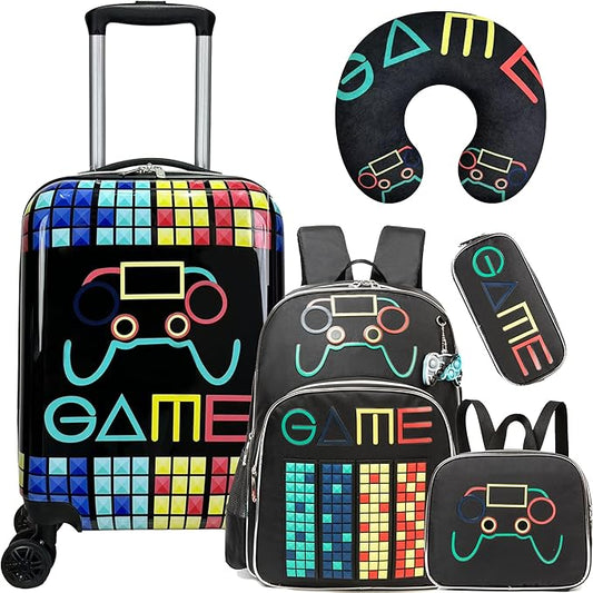 Kid’s Luggage Set 5 Piece Suitcase Set 16’’ Hardside Luggage with Spinner Wheels Girls Boys Carry on Luggage Travel Rolling Luggage Airline Approved