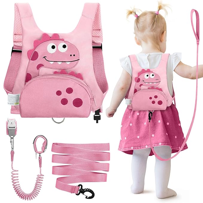 Dr.meter 3 in 1 Toddler Harness Leash + 8.2ft Anti Lost Wrist Link, Cute Dinosaur Kids Anti Lost Leash with Key Lock, Child Walking Harness for Parent Boys Girls Keep Kids Close, Travel Essensials
