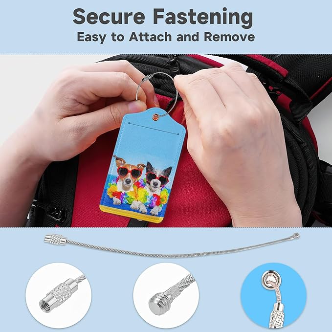 Dogs on Beach Luggage Tags for Suitcases,2 Pack Hawaii Luggage Tag,Leather Stainless Steel Loop Label Tag for Women Men Girls Travel Bag Suitcase