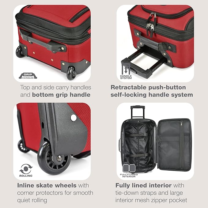 U.S. Traveler Rio Fabric Expandable Carry-on Luggage, Rolling Suitcase, Red, 2 Wheel Set