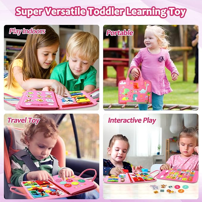 Qizfun Busy Board Montessori Toy for 1 2 3 4 Years Old, Educational Activity Sensory Board Preschool Learning Fine Motor Skills Toys, Toddler Travel Toy for Plane Car, Gift for Boys Girls (Pink/P4)