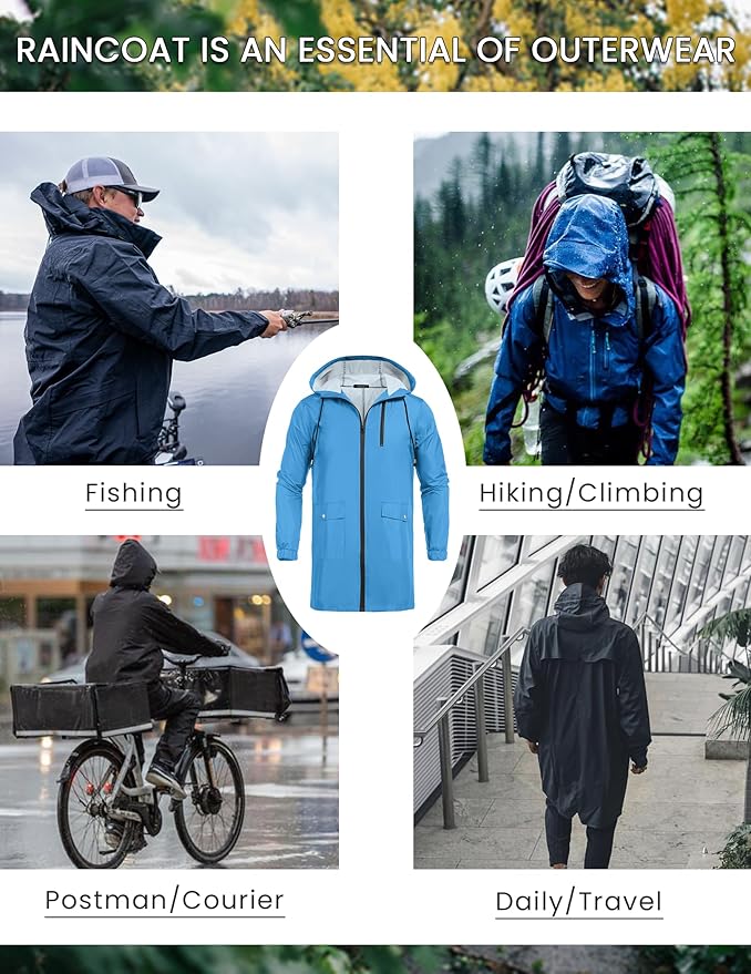COOFANDY Men's Long Raincoat Ligtweight Rain Jacket Waterproof Outdoor Jackets with Hood
