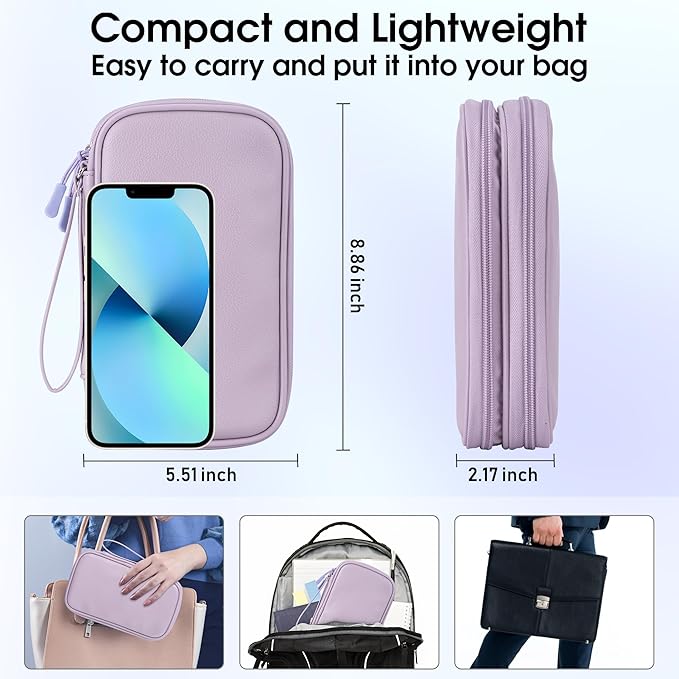 Leather Travel Electronic Organizer - Double Layer, Waterproof Case for Cables, Chargers, Phones & More - Portable, Shockproof Pouch for All Your Electronics Accessories (Light Purple, M)