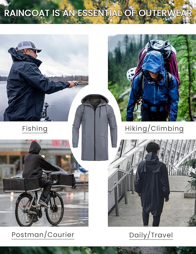 COOFANDY Men's Long Raincoat Ligtweight Rain Jacket Waterproof Outdoor Jackets with Hood