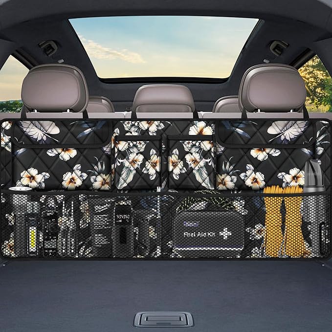 Femuar Car Trunk Organizer, Large Capacity Backseat Trunk Organizer (42"*18"), Collapsible Car Storage Bag with 8 Pockets - Hibiscus