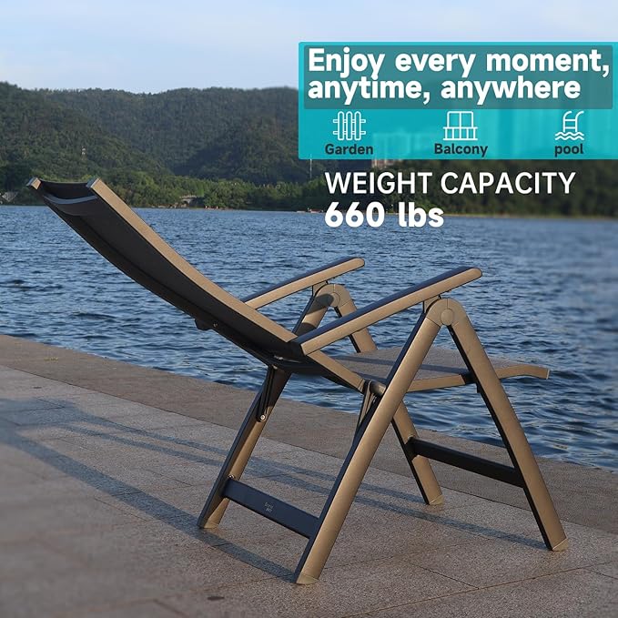 Folding Chair, Indoor & Outdoor Balcony, Patio Porch, Garden Lawn, Pool, for Comfortable Black Foldable Chairs, Portable Cozy Recliner, Metal Frame, Heavy Duty Durable