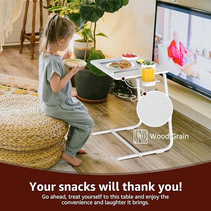 TV Trays Set of 4 - Folding TV Tray Adjustable Dinner Trays for Eating On Couch Wooden Tables Mate Stand Foldable White Desk with Cup Holder Portable