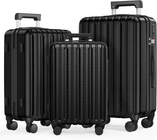 SHOWKOO Luggage Sets 3 Piece 100% PC Ultra Tough Hardside Expandable Suitcases Sets with TSA Lock Double Spinner Wheels (20in/24in/28in, Black
