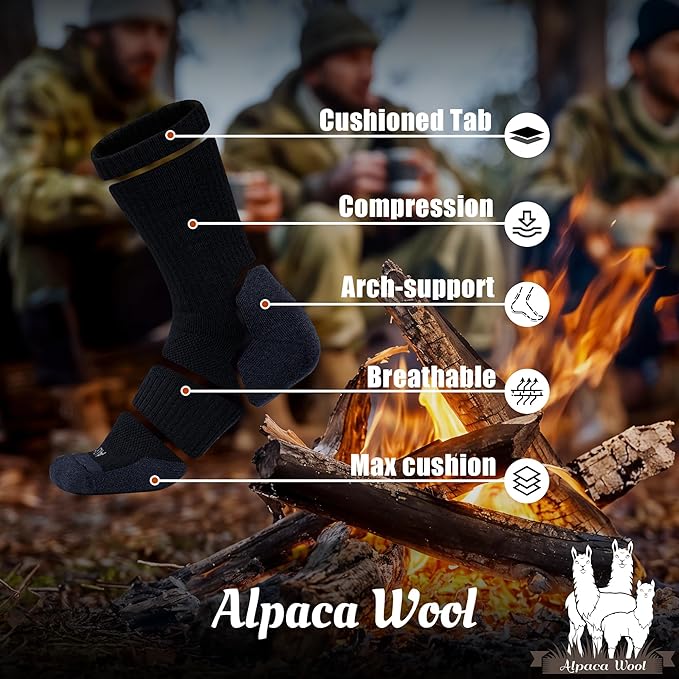 Alpaca Wool Hunting Socks 2 pairs for Men Women, Thermal Warm Compression Thick Winter Cushioned Hiking Boot Moisture Wicking