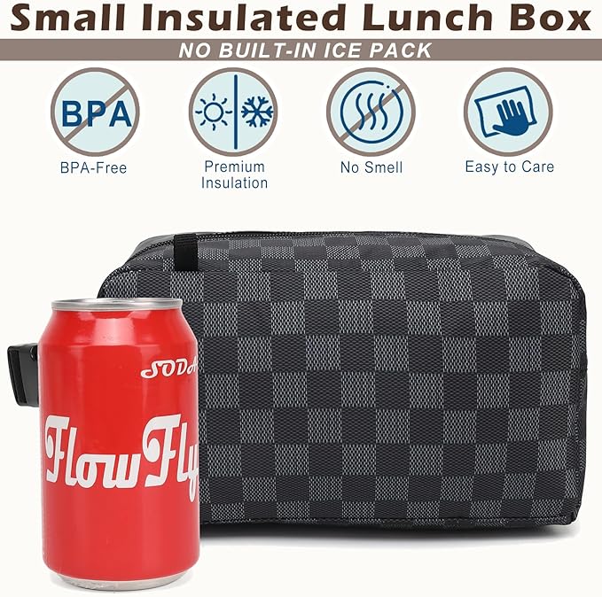 FlowFly Small Insulated Lunch box Portable Soft Bag Mini Cooler Thermal Meal Tote Kit with Buckle for Work, PlaidWithBuckle