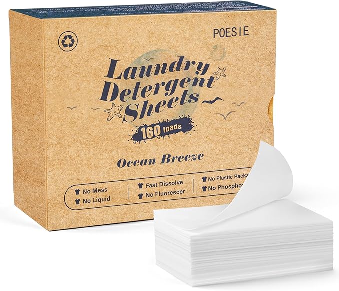 Poesie Laundry Detergent Sheet Ocean Breeze Scent 160 Loads Portable Non-Plastic Drawer Box Travel-Friendly Liquidless Portable No Mess Laundry Soap Strips for Home Dorm RV Outdoor Trip