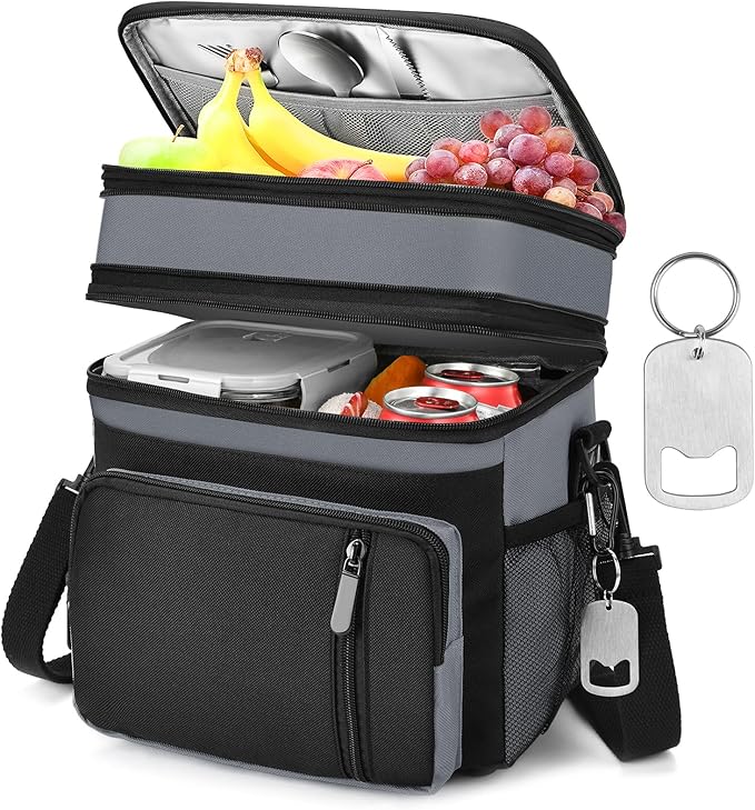 Insulated Lunch Bag Women & Men | Large Adult Lunch Box | Double-Layer Reusable Lunch Bags | Leak-Proof Tote Cooler Bag for Work Picnic Outdoors | 16L, Gray