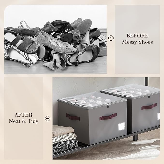 Criusia Shoe Organizer for Closet, 2 Pack Shoe Organizer with Transparent Cover and Sturdy Handles, Closet Shoe Storage for Sneakers Sandals Slippers, Fit 12-16 Pairs, Gray