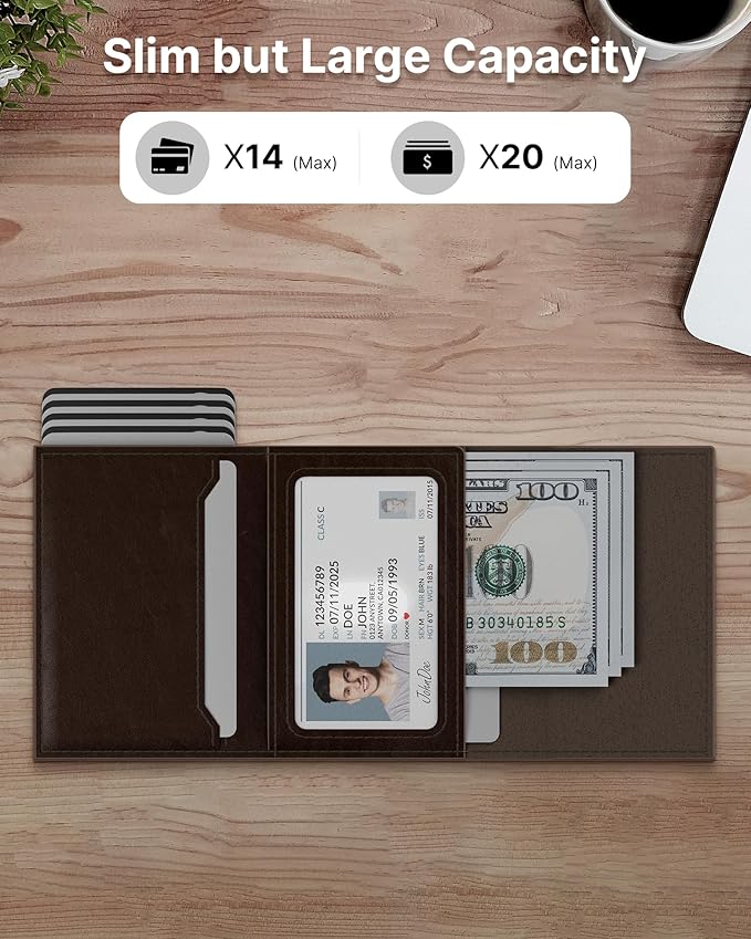 typecase Mens Wallet Card Holder: Pop Up Aluminum Case, Genuine Leather, Smart, RFID Blocking, Slim, Minimalist, Front Pocket - 9-14 Card Capacity | ID Window | Cash Slot (Black Brown)