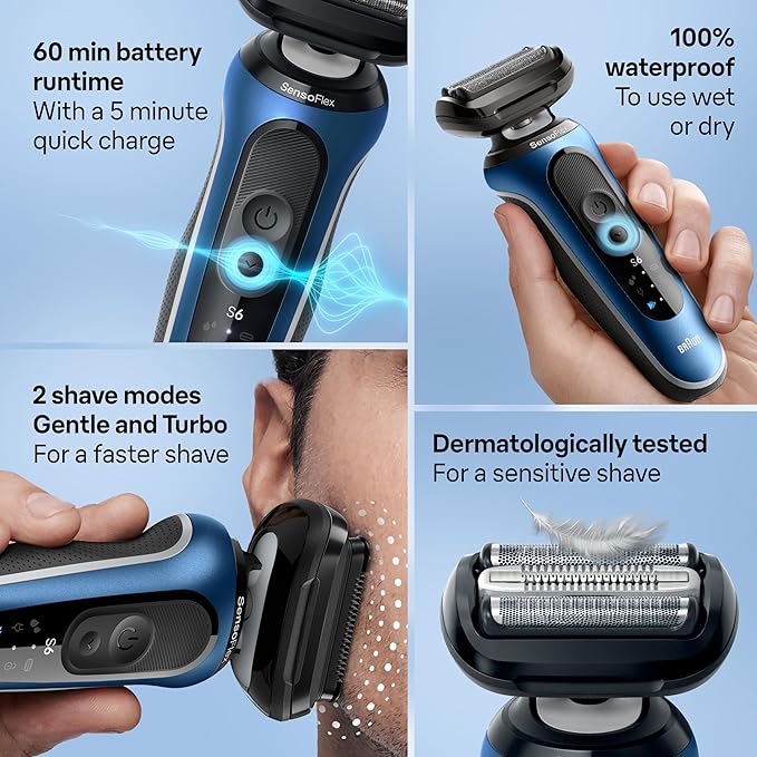 Braun Electric Shaver for Men, Series 6 6120s, Wet & Dry Shave, Turbo & Gentle Shaving Modes, with Precision Trimmer & Pouch, Blue