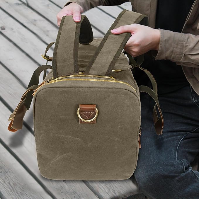 50L Duffle Bag for Men, Nomad Waxed Canvas Travel Duffel Bag Vintage Genuine Leather Travel Handbag Upgraded Weekender Overnight Backpack with Shoes Compartment (Vintage Grey)