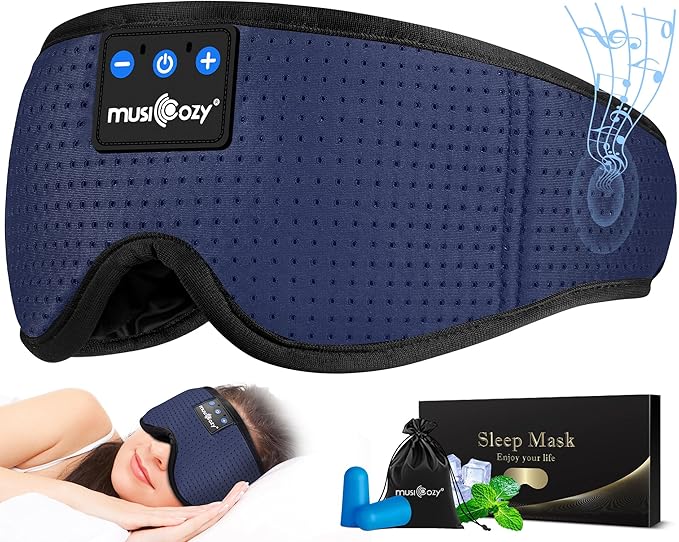 MUSICOZY Sleep Headphones Bluetooth Sleep Eye Mask for Sleeping, Headband Wireless Headphones Sleeping Masks, Sleep Earbuds for Side Sleepers Men Women with Speakers Cool Tech Gadgets(Blue)