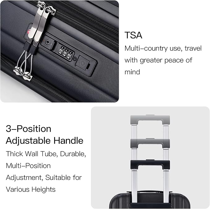 BISON DENIM 20 Inch Carry On Luggage, PC Lightweight Hardside Expandable Carry-On Luggage Airline Approved With Spinner Wheels, Front Compartment, Cup Holde, TSA-approved Lock, USB Port, Black