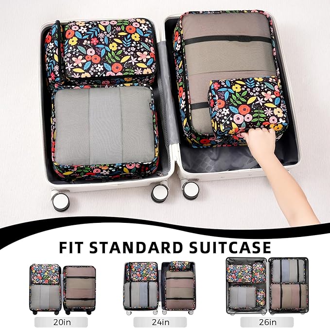 BAGAIL 8 Set Packing Cubes Luggage Packing Organizer Bags for Travel Accessories-Black Floral