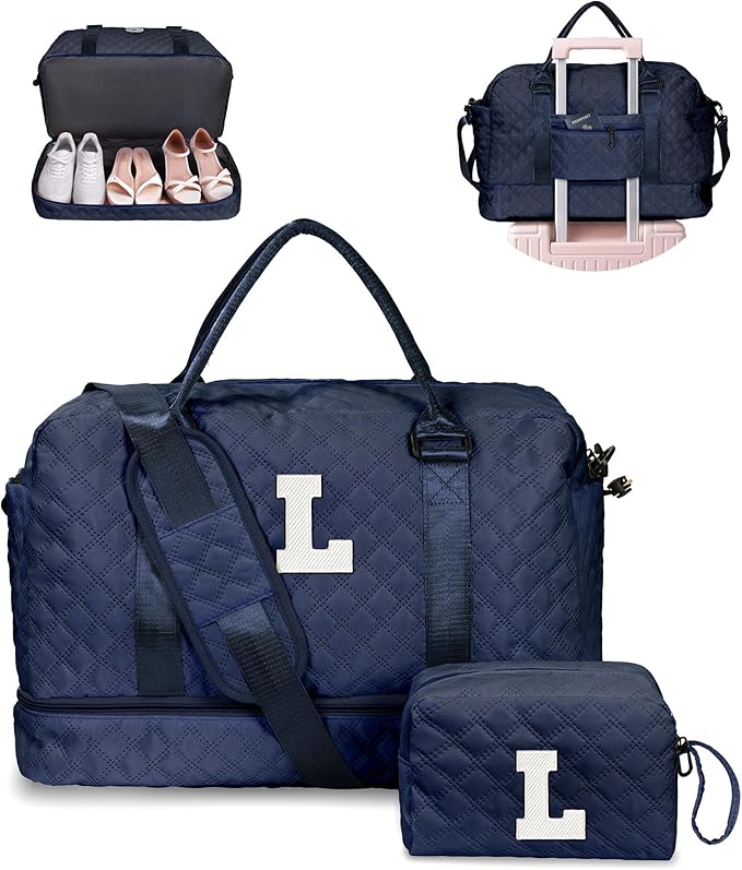 Personalized Gifts-Initial Duffle Bag with Shoe Compartment, Personalized Weekender Bag, Monogram Overnight Bag, Letter Travel Bag with Makeup Bag，Birthday Gift for Women Girl (Letter L)