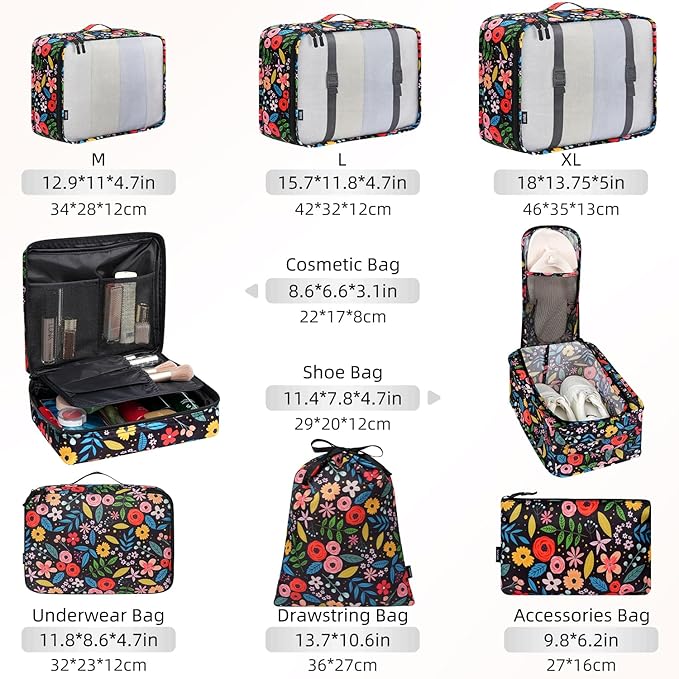 BAGAIL 8 Set Packing Cubes Luggage Packing Organizer Bags for Travel Accessories-Black Floral