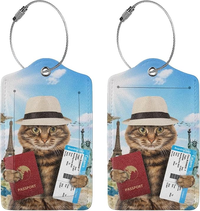 2 Pack Funny Cat Passport Luggage Tags for Suitcases Women Men Kids, Bag Tags for Leather Luggage with Waterproof Suitcase Tags Privacy Cover Name ID Label Steel Loop for Travel Bag Suitcase