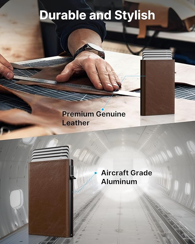typecase Mens Wallet Card Holder: Pop Up Aluminum Case, Genuine Leather, Smart, RFID Blocking, Slim, Minimalist, Front Pocket - 9-14 Card Capacity | ID Window | Cash Slot (Black Brown)