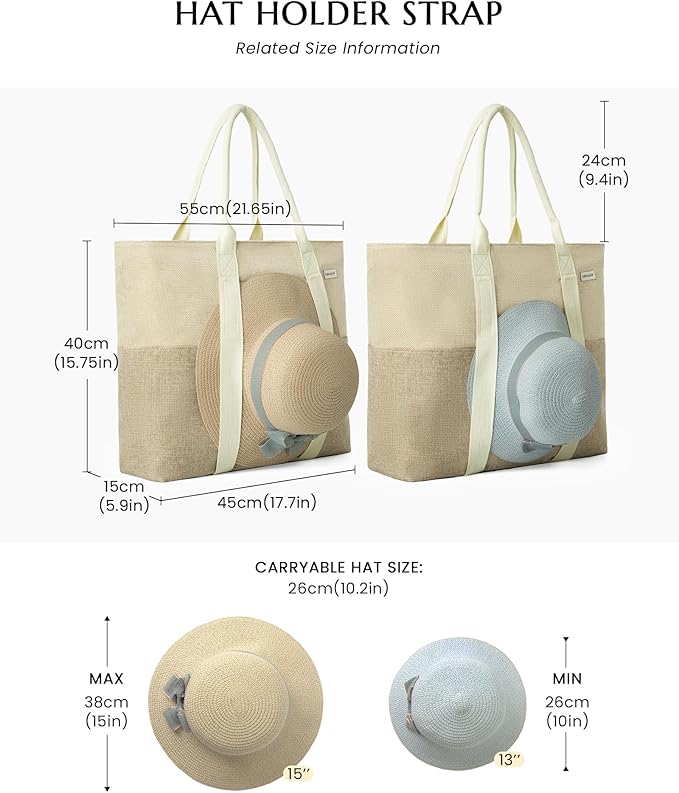 Large Beach Tote Bag with Zipper-Travel Tote Bag for Women with Sun Hat Holder Strap Boho Summer Beach Tote