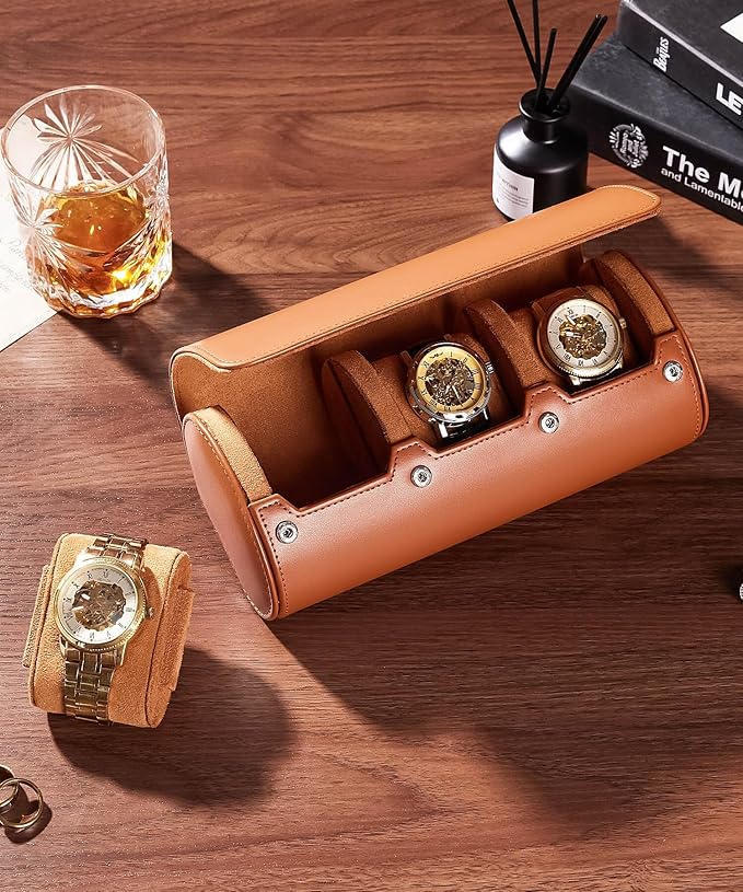 Homde Travel Watch Box Leather: Traveling Case for Men - Luxury Watch Roll for Wristwatch on the Go (brown, L)