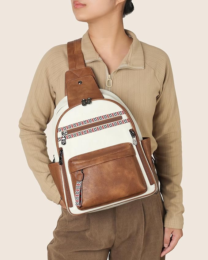 FADEON Large Sling Bag for Women, Leather Crossbody Purse Designer Anti Theft Sling Backpack, RFID Fanny Packs for Travel