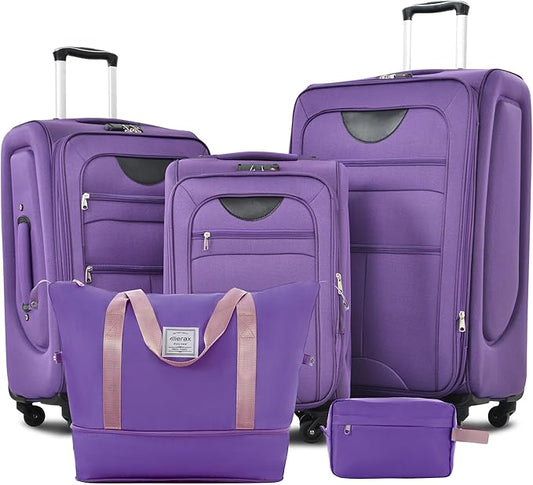 Merax Softside Luggage Set Softshell Lightweight 3 Piece Spinner Suitcase with Duffel Bag Expandable Upright Travel Luggage 22" 26" 30",Purple