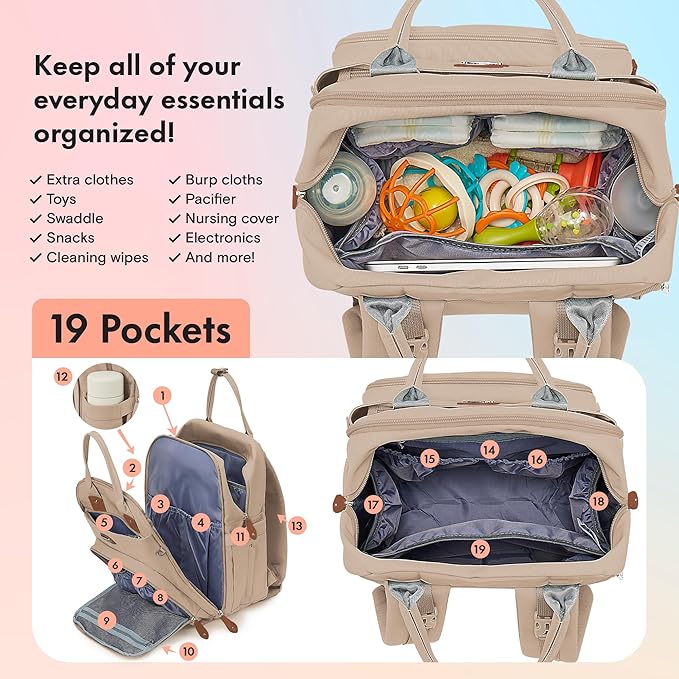 Dikaslon Diaper Bag Backpack with Portable Changing Pad, Pacifier Case and Stroller Straps, Large Unisex Baby Bags for Boys Girls, Multipurpose Travel Back Pack for Moms Dads, Milk Tea Khaki