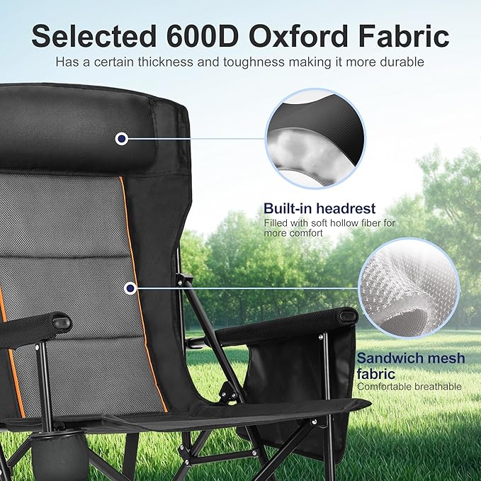 LET'S CAMP Oversized Camping Chairs 29.52" High Back Heavy Duty Lawn Chair Support 500LBS, Portable Collapsible Chair with Cup Holder, Side Pocket,2 Pack(Black)
