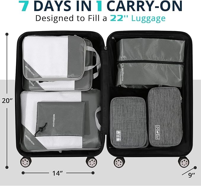 7 Set Compression Packing Cubes for Travel - Compressible, Lightweight, and Space-Saving Packing Cubes, Travel Essentials for Women, Grey