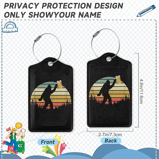 2 Pack Leather Luggage Tag for Suitcase Bigfoot Love Drinking Beer Unique Travel Tags with Privacy Cover ID Label & Stainless Steel Loop for Men and Women Baggage