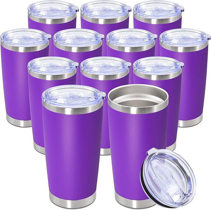 20oz Tumbler Bulk Stainless Steel Tumbler Cup with Lid Vacuum Insulated Double Wall Travel Mug, Durable Powder Coated Travel Coffee Tumbler Mug for Hot & Cold Drinks, Purple,12 Pack