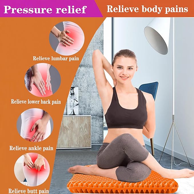 Plus Size Gel Seat Cushion for Long Sitting, Extra Large and Thick, Seat Cushion for Back, Sciatica, Hip, Tailbone Pain Relief , Used for the Office, Wheelchair, Car, Truck, Recliner, Stadium.(Orange)