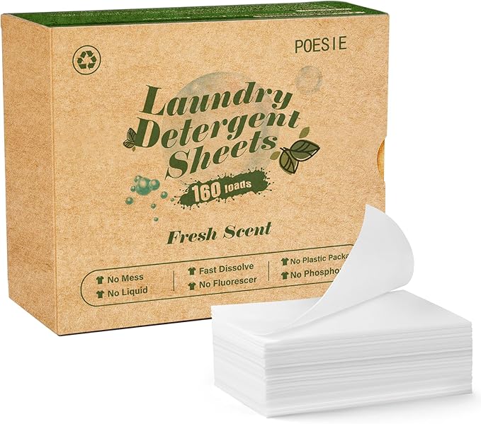 Poesie Laundry Detergent Sheets Fresh Scent 160 Count Clear Non-Plastic Hypoallergenic Liquid Less Sheets for Home Dorm Travel Camping & Hand Washing Clean No Waste