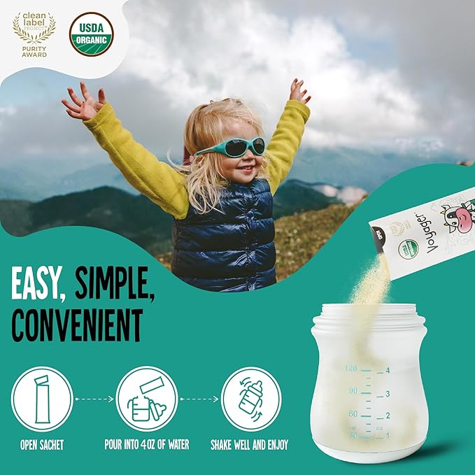 Voyager Toddler Milk On The Go, USDA Organic Shelf Stable Whole Milk Powder, Great for Travel, No Refrigeration, Gluten Free with No GMO's and No Antibiotics for Kids, 32 Sachets of 15g - 2 Pack